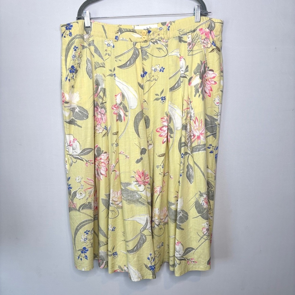 Vintage Floral Skort Gaucho Size 18/20 Flowy Butter Yellow Linen‎ Blend Pockets